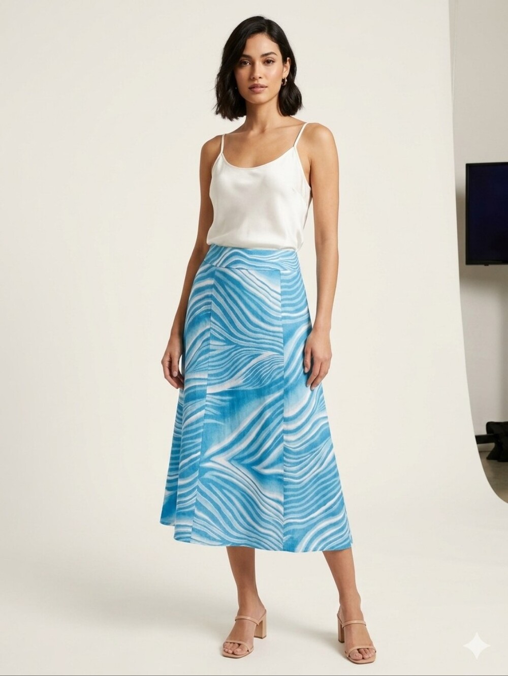 Kasper Linen Rayon Blue White Zebra Wave Print A-Line Midi Skirt Size 14